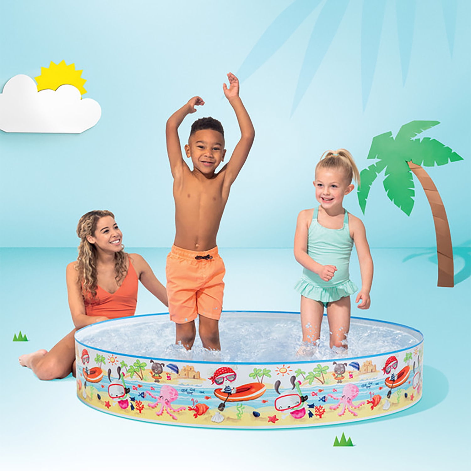 Intex: Snapset Pool: Fun At The Beach - 5'x10", Snorkel Buddies Pattern, Water Splash Kiddie Pool, Outdoor & Backyard, Pop-Up Walls, Kids Ages 3+