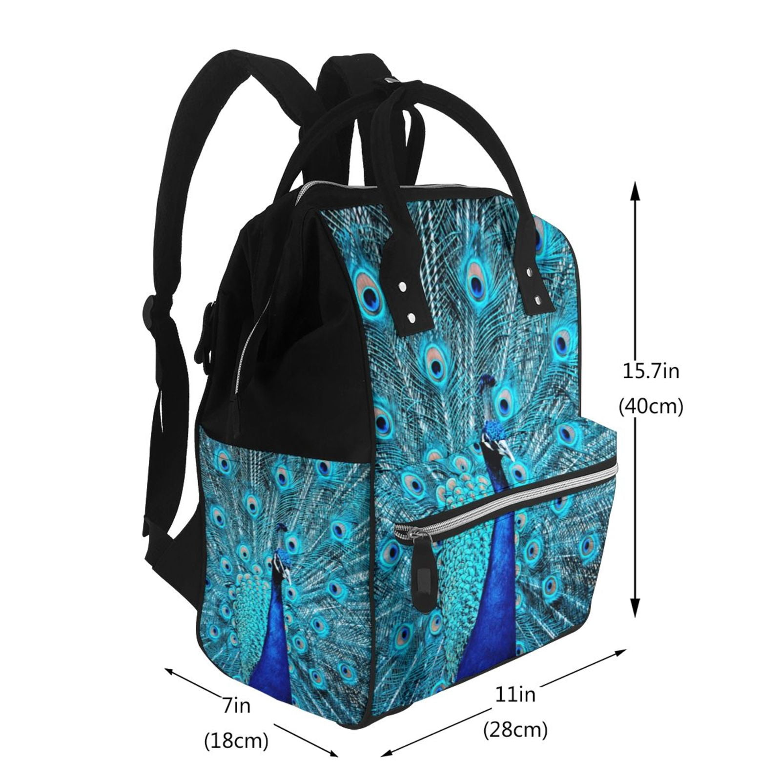 Ratiio Beautiful Blue Peacock Mummy Backpack - Waterproof Twill Canvas, Large Capacity Diaper Bag with Multiple Pockets and Adjustable Straps