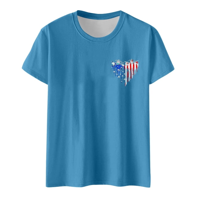 Hauts de Printemps pour Femmes Jour de L'Indépendance Drapeau Col Rond Imprimé Lettre Manches Courtes T-Shirts pour Femmes Bleu Ciel L