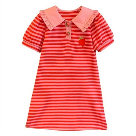 

XIEULQP Baby Girl Clothes Summer Girls Strawberry Print Red Striped T Shirt Dress Strawberry Button Ruffle Collar Short Sleeved Dress Summer Dress Red