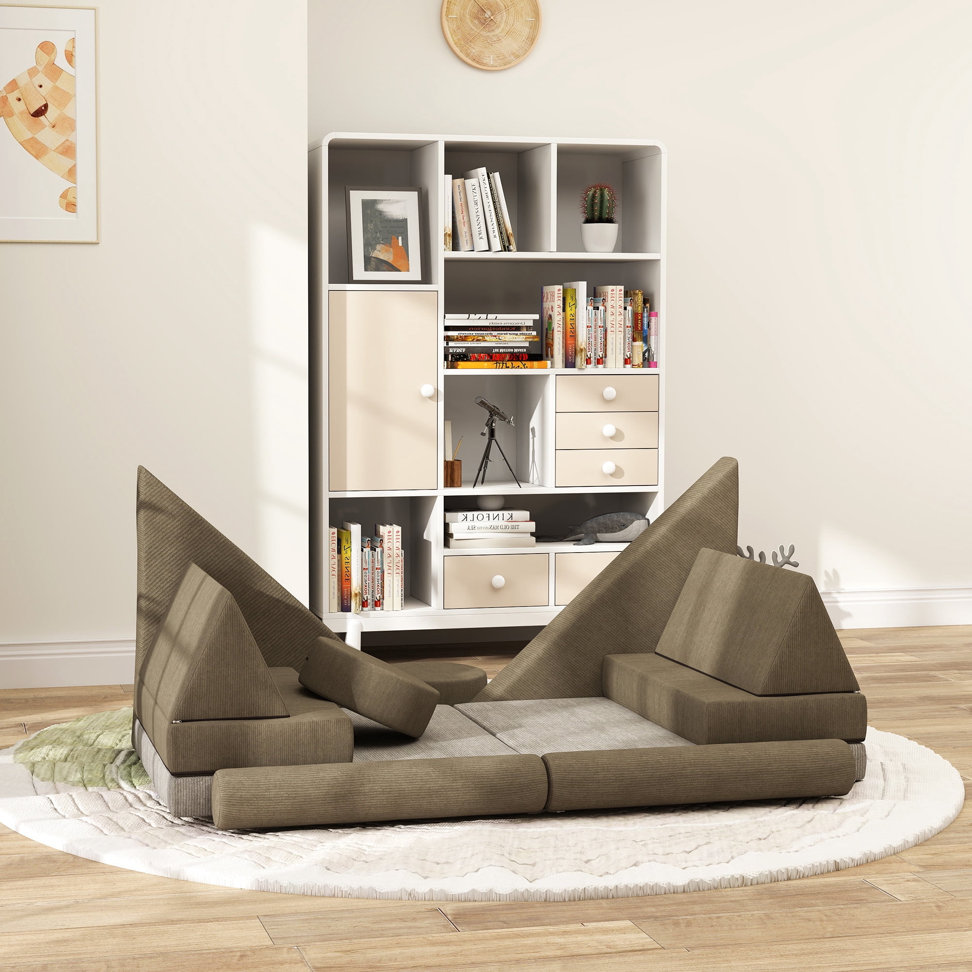Soft Play Mat Qaba Modular Kids Play Couch, 12 Piece Kids Couch for Playroom Bedroom, Convertible Sofa Lounger for Boys & Girls, Khaki,Toddler Play Mat