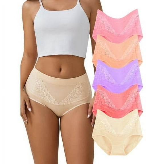 GaaiKei Cotton Underwear for Women High Waisted Panties Strech Full Coverage Briefs 5 Pack, Size 5