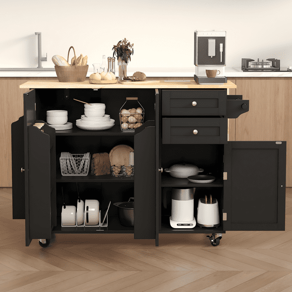 Vicluke 50.4" Kitchen Island with Drop Leaf & Power Outlet, Farmhouse Rolling Island Cart with 3 Spices Shelves on Wheels, Mobil Kitchen Island Table with Rubberwood Countertop Towel Rack, Black