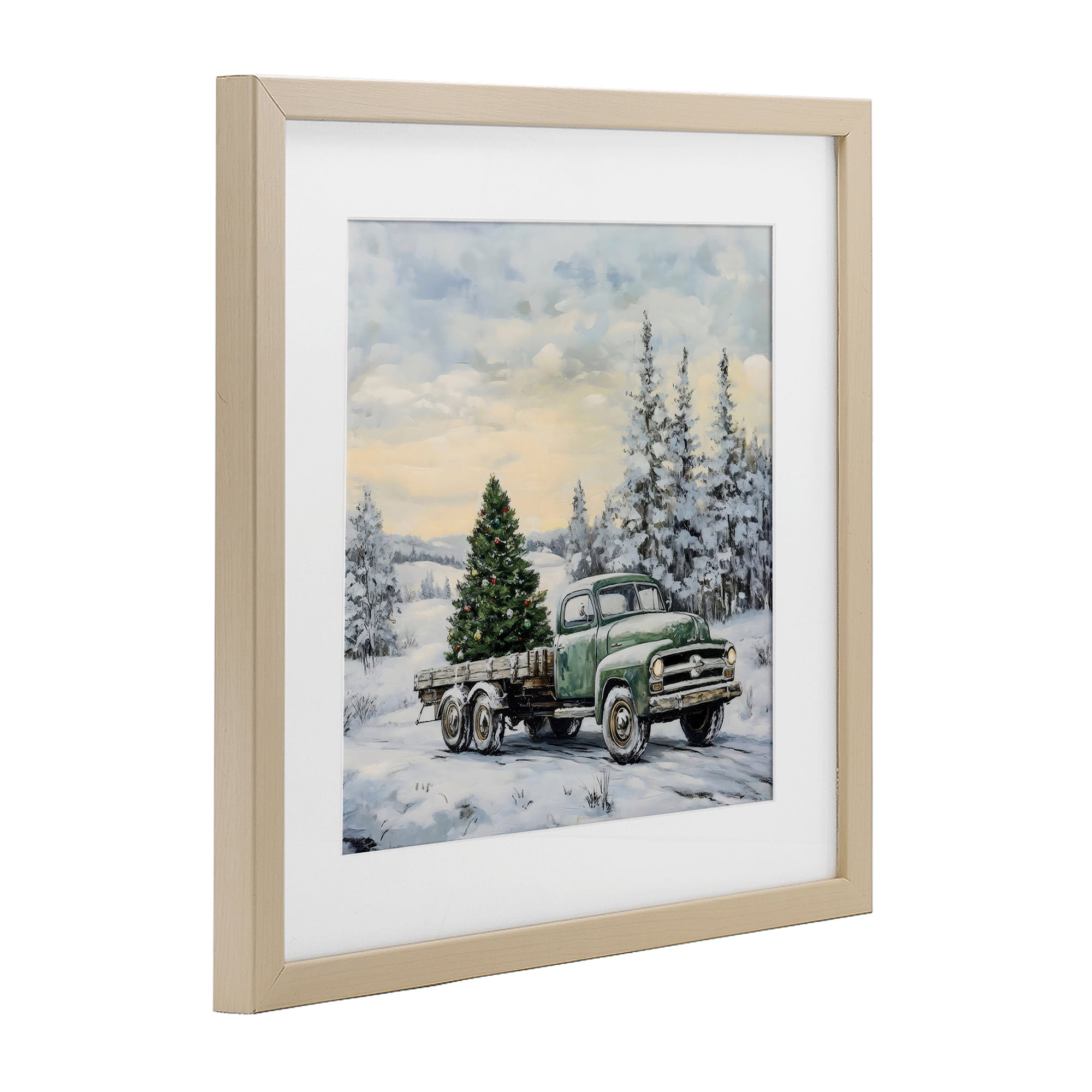 Green Christmas Tree Truck Birch Framed Print Under Glass, design by Petal Prints Design