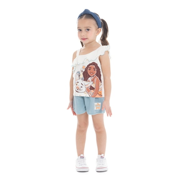 Moana Toddler Girls Ruffle Graphic Tank Top and Shorts with Pom Pom Trim, 2-Piece Set, Sizes 12M-5T