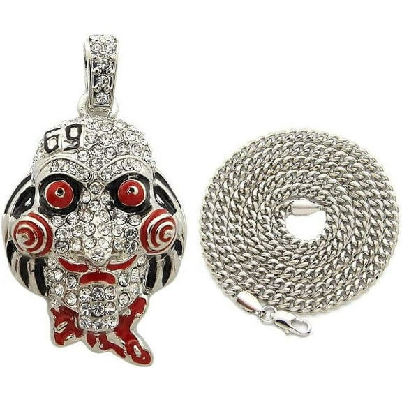 Hip Hop Iced White Gold plated Saw Inspired Pendant & 3mm 20" Cuban Chain Necklace Set