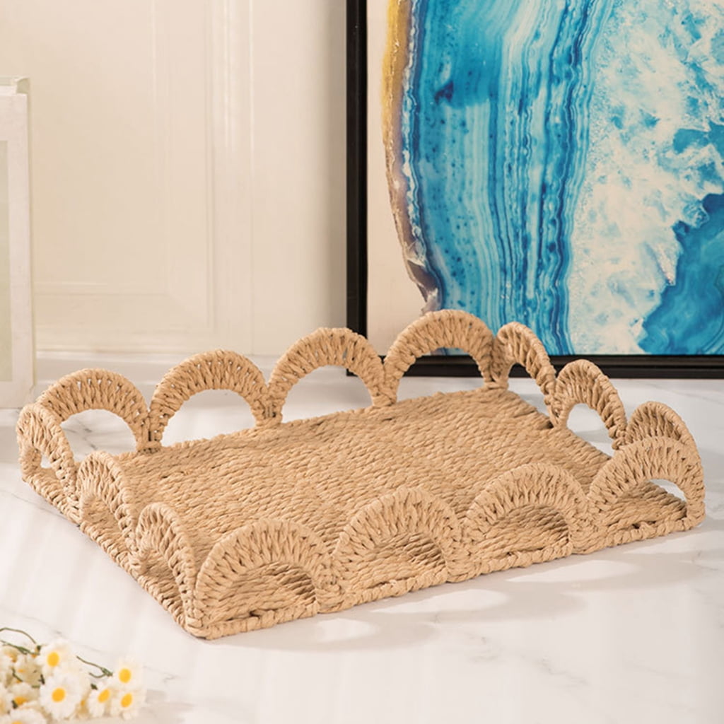 Zeiwohndc Handwoven Paper Rope Desk Organiser Natural Rattan Storage Tray for Desktop