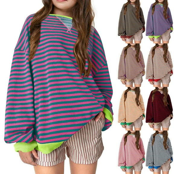 Uxgjfwu Girls Crewneck Sweatshirts Striped Long Sleeve Top Hoodless Sweatshirt Casual Pullover Top Sizes 5-13