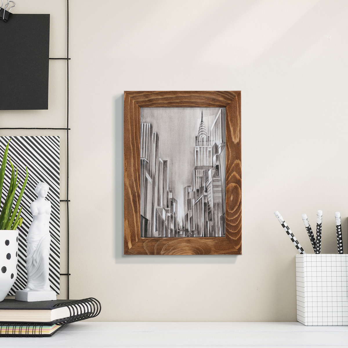 Art Deco Cityscape I -Framed Print w/glass-Walnut