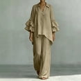 thumbnail image 2 of MaFYtyTPR Women's 2 Piece Outfit Sets Ruffled Sleeve Collared V-Neck Top and Wide Leg Pants Set Loose Fit Cotton Linen Suits A-Khaki M, 2 of 5