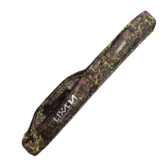 Bolsa de pesca plegable Lixada, diseño camuflaje verde, capacidad amplia de 150 cm, ideal para organizar tus accesorios de pesca. Incluye correa ajustable para hombro y asa de mano, perfecta para