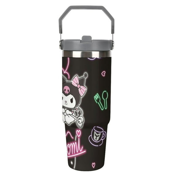 Glow Kuromi Stainless Steel Tumbler Car Cup 30 Oz with Handles, Vacuum Insulated Water Bottle for Home, Office Reusable Cup with Straw Leak Resistant Flip