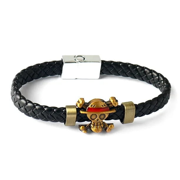 Pulsera pirata de One Piece de Anime, muñeco de acción de dibujos animados, sombrero de paja Lufei, pulsera tejida de cuero negro punk, juguete, regalo de cumpleaños