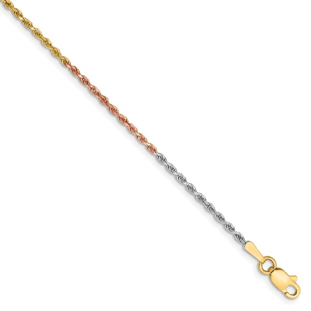 14k Tri Colored 9 Inch 1.5mm Rope Anklet Ankle Bracelet Chain