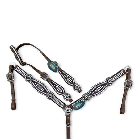 Western Genuine Argentina Cow Leather Headstall and Breast Collar Set for Horse Chocolate Brown Pink Silver & Black Stone Inlay Matching Flower Conchos