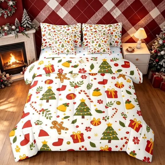 Erosebridal Merry Christmas Twin Bedding, Gingerbread Gift Bedding Comforter Set, White Orange, Polkadot Reversible, 7-Piece