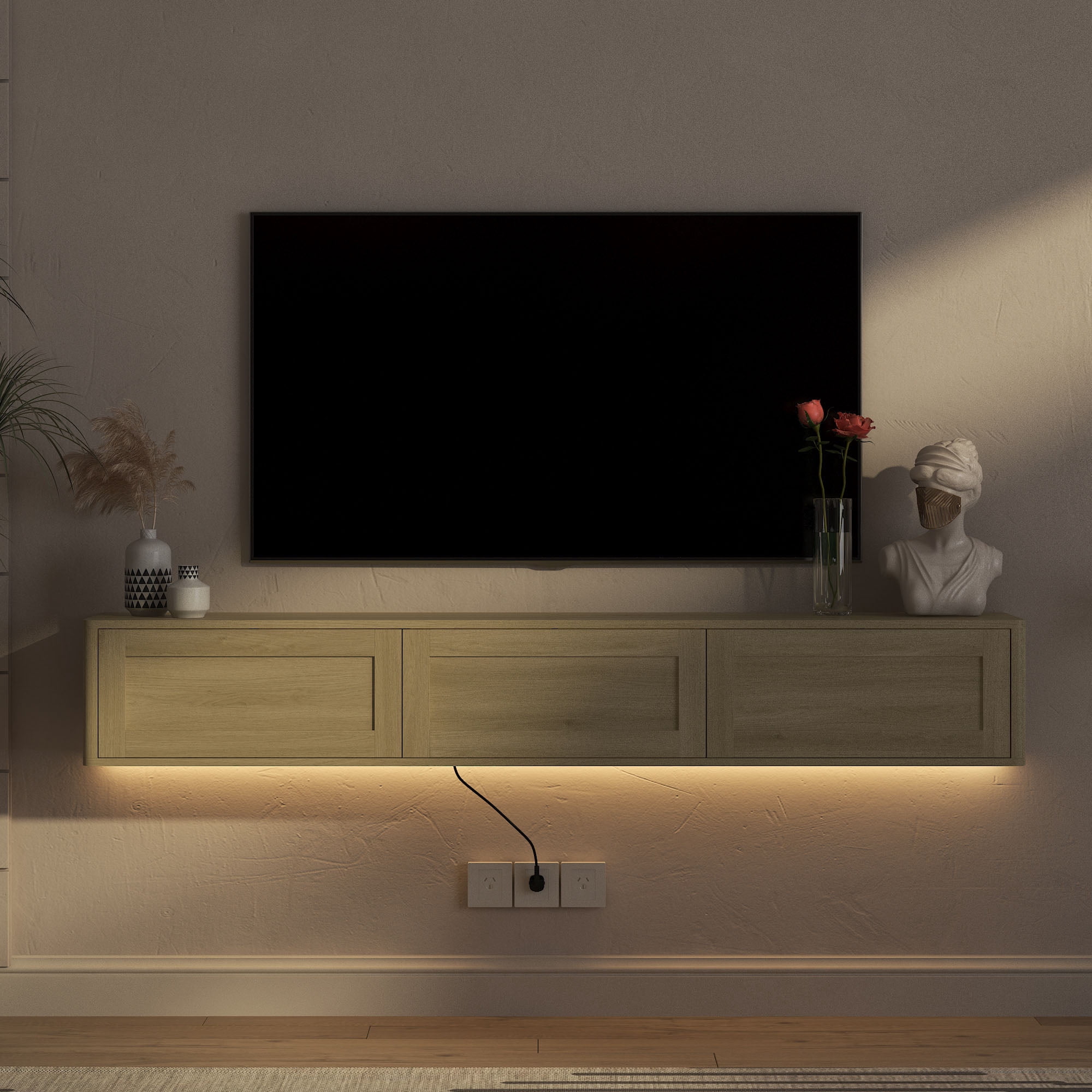 S-HOME Wall Mounted TV Shelf Featuring Led Lights and Power Outlet, High Gloss Floating TV Stand for Your Living Room，Light-colored Wood