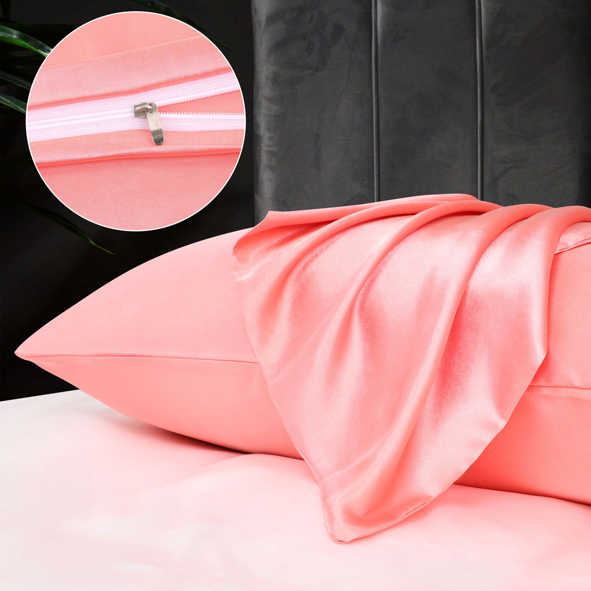 Unique Bargains Satin Set of 2 Zipper Closure Pillowcases Light Coral 20"x30"