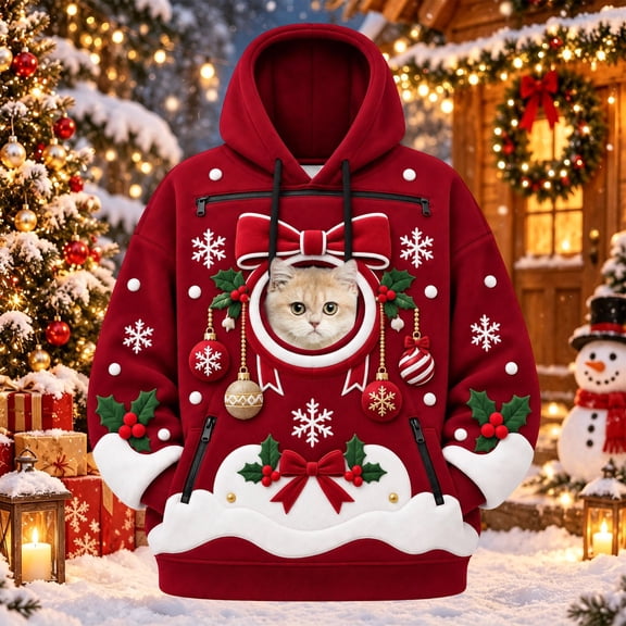 Huowey Christmas Pet Carrier Hoodie For Small Dog And Cats Women Men Kangaroo Pocket Pet Holder Sweatshirt Bow Pattern Long Sleeve Hooded Cute Street Pullover,Wine,M