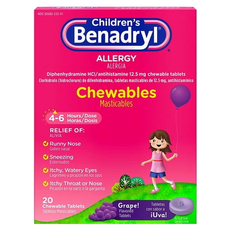 Childrens Benadryl Allergy Chewables Grape 20 Tablets Each