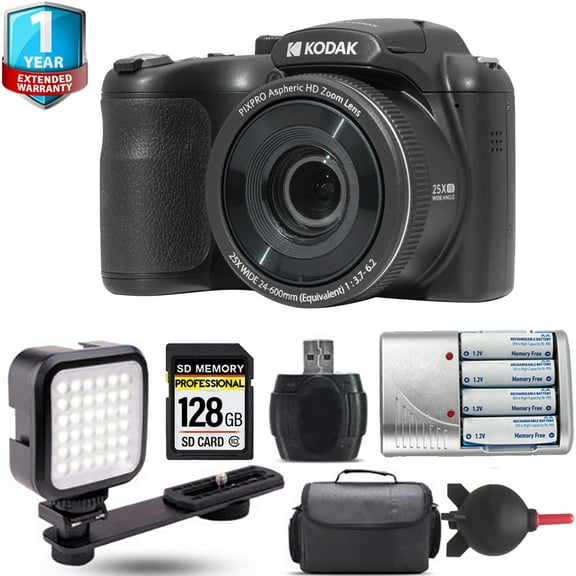 Kodak PIXPRO AZ255 Digital Camera (Black) Extra Battery 1 Yr Warranty - 128GB Kit (International Version)