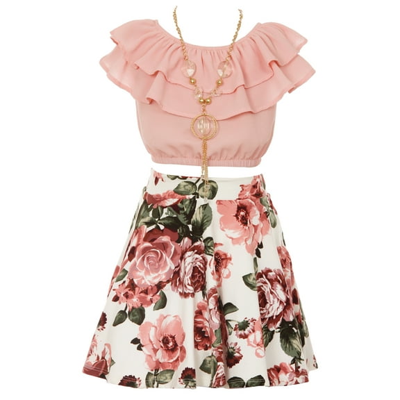 Little Girls Off Shoulder Ruffle Crop Top Skirt Floral Flower Girl Dress Clothing Set Outfit Blush 4 (J21KS30S)