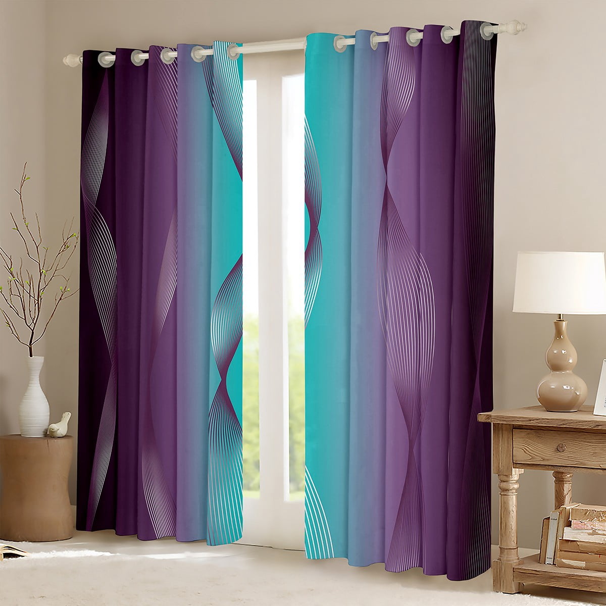 Gradient Purple and Teal Blackout Curtains Ombre 2 Panels 42"Wx90"L Curtains & Drapes,Trippy Spiral Silver Wave Line Curtains,Abstract Art Room Decor Aesthetic