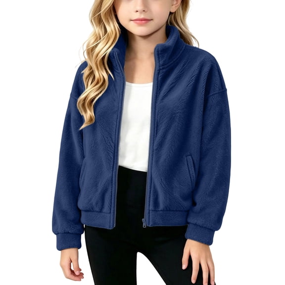 Hurxie Girls Sherpa Jacket Fleece Coat Full Zip Outerwear with Pockets Fuzzy Fall Winte Warm Stand-up Collar Kids Clothes 14-15 Years