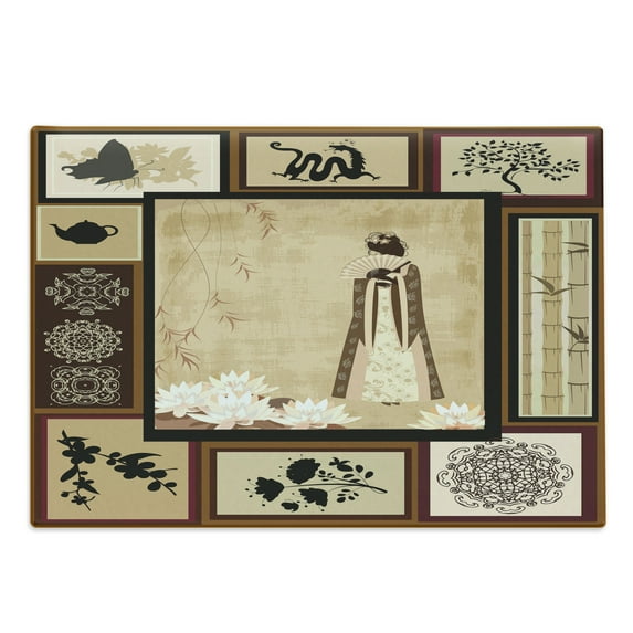 Japanese Cutting Board, Girl in Traditional Dress and Cultural Patterns Ornaments Antique Eastern Collage, Decorative Tempered Glass Cutting and Serving Board, Large Size, Multicolor, by Ambesonne