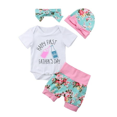 Baby Girls 4 PCS Happy First Fathers Day Short Sleeve Bodysuit + Shorts + Hat + Headband Outfit Set