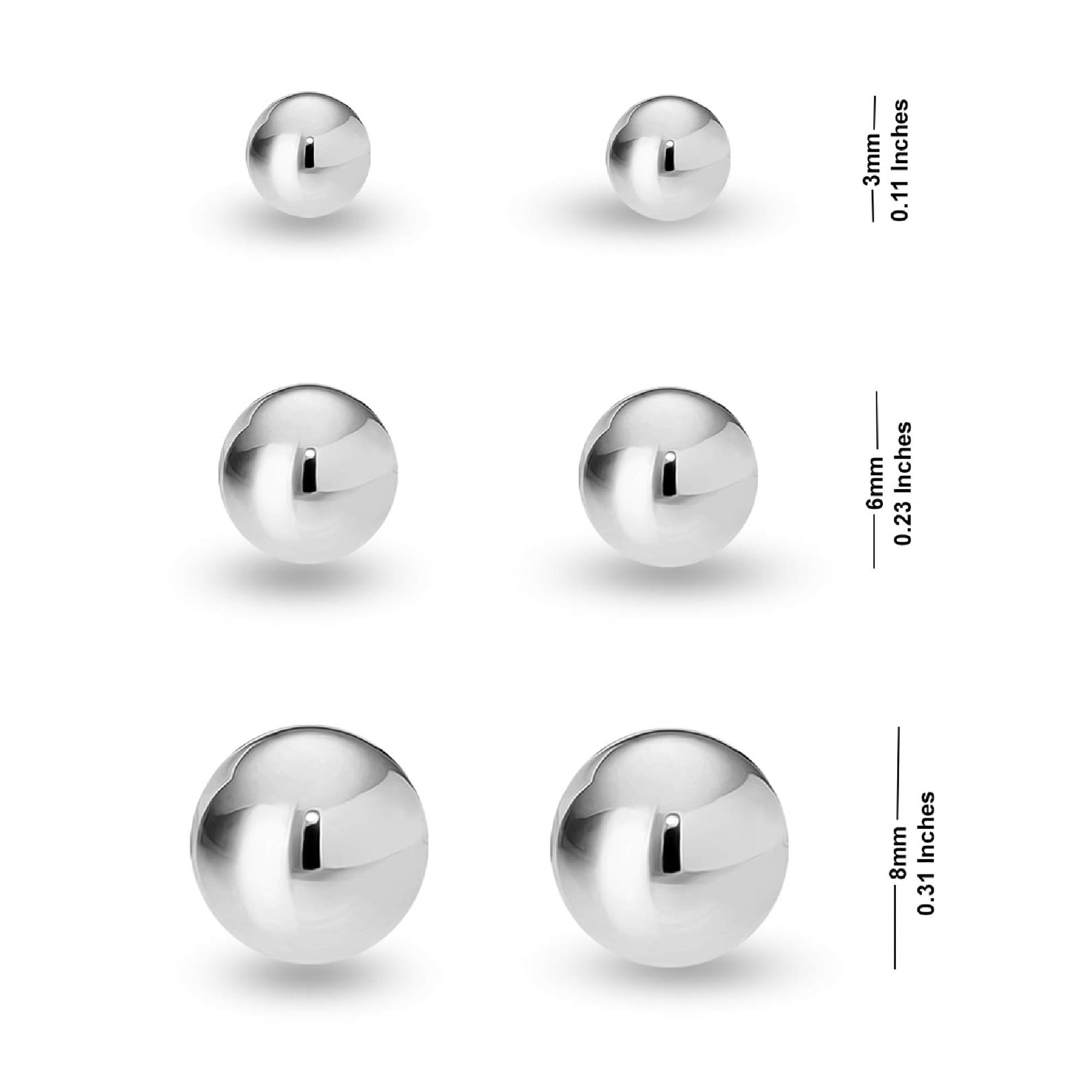 LeCalla Sterling Silver Ball Post Stud Earrings Set of 3 Pairs (3MM, 6MM, 8MM) for Women and Teens