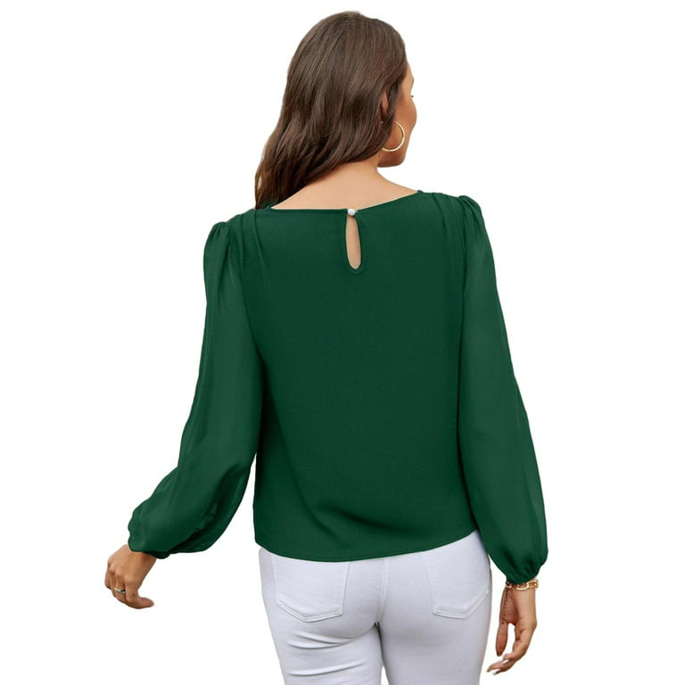 Womens Blouse Tops Lantern Sleeve Keyhole Back Blouse Dark Green XL 