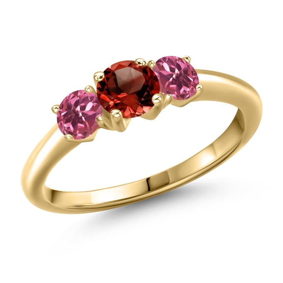 Gem Stone King 10K Yellow Gold Red Garnet and Pink Tourmaline Engagement Ring for Women | 1.05 Cttw | Round 5MM | Gemstone January Birthstone | Size 7