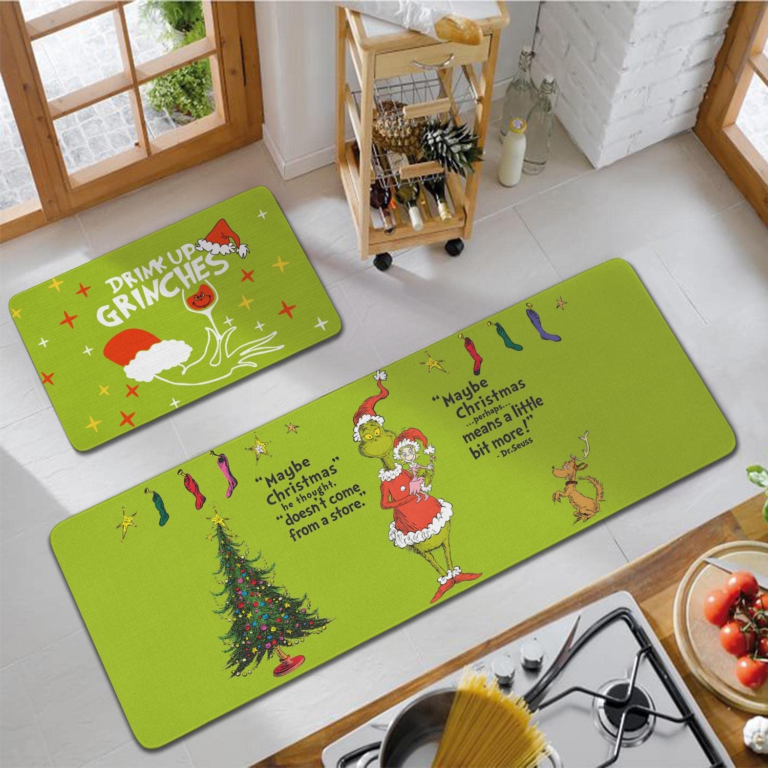  Grinch Christmas Decorations Kitchen Rugs and Mats Set of 2,  The Grinch Decor of Winter Holiday Party and Home Kitchen, Non-Slip,  Washable, Stain and Fade Resistant, Size (17x30 and 17x47 inch) 