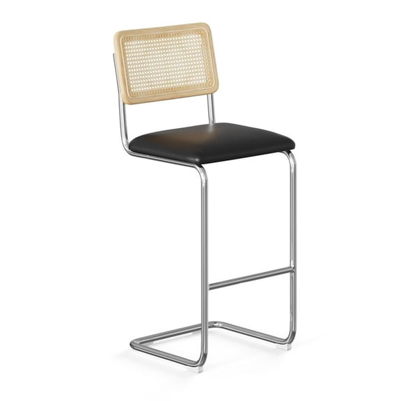 Pemberly Row Cane Back Vegan Leather Bar Height Stool (Set of 2) in Black