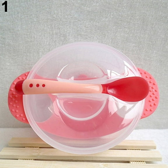 Farfi 1 Set Baby Suction Bowl Temperature Color Changing Spoon Feeding Tableware Tool (Red)