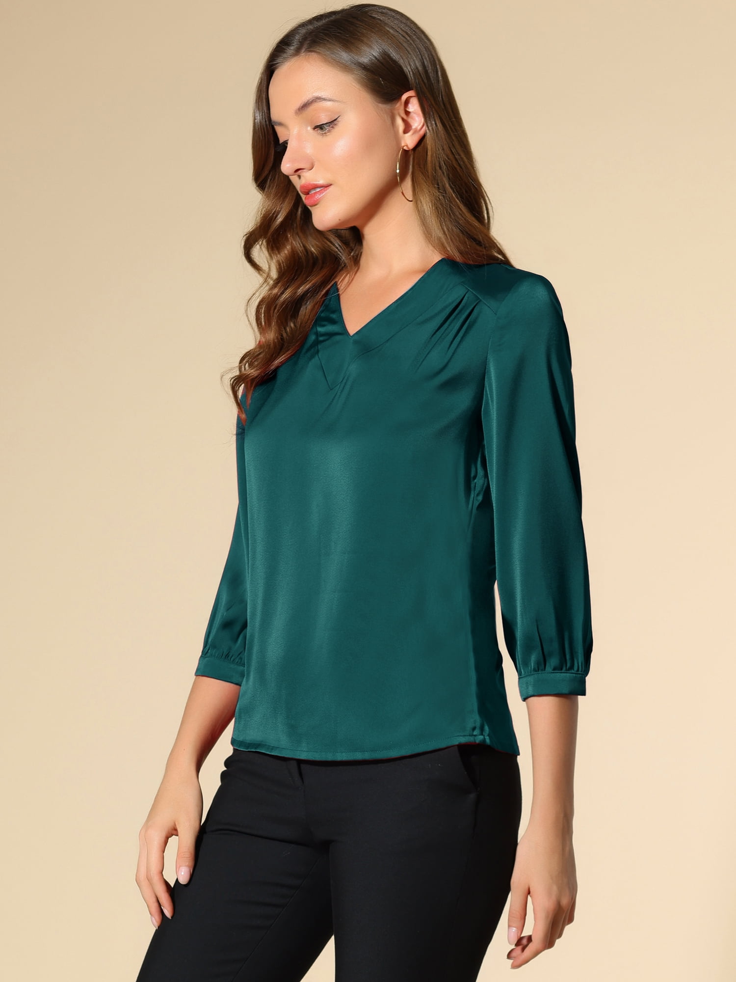 DARING DIVA Women's Satin Blouse Long Sleeve V Neck Top Shirts XS Blue Green