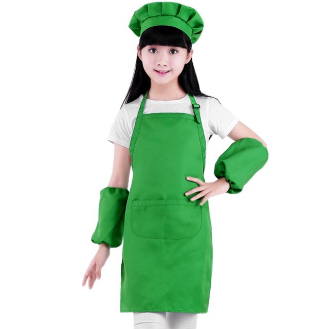 IFANLANDOR Toddlers Hat and Apron Kit 2Pcs Green Uniform Cloth Waterproof for Baking Handwork Painting Cooking Grilling
