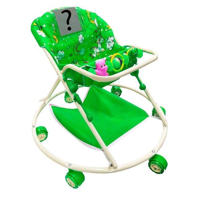 andadera metalica hecho en mexico tubular verde con juguetero; vista 3/4 frontal de estructura tubular metálica blanca, asiento acolchado verde con estampado infantil y bandeja frontal con aro y figura de juguete, base circular con ruedas verdes y repisa inferior de tela, indicada para bebés 6 a 14 meses y soporte 5–12 kg; a menudo usada también para prácticas de apoyo durante los primeros pasos.