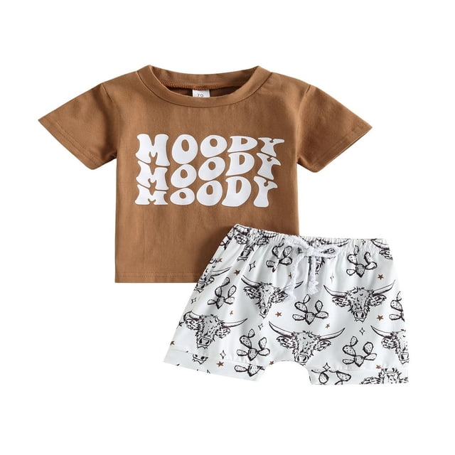 EIMELI Kid Boy Pants Suit Short Sleeve Round Neck Letters Print Tops + Drawstring Short Pants Black 18-24 Months