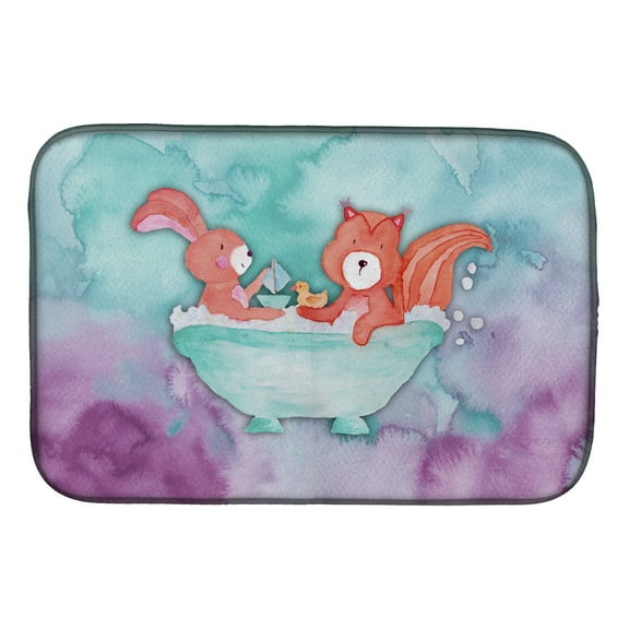 Rabbit and Squirrel Bathing Watercolor Dish Drying Mat