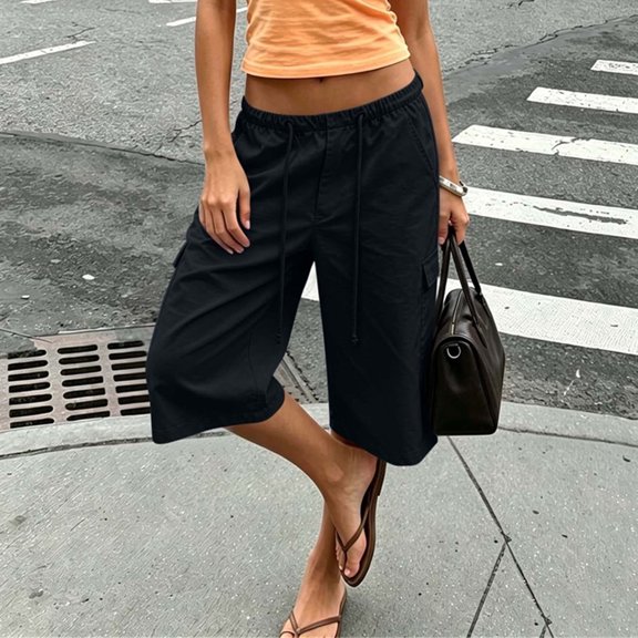 Mifsaly Capri Cargo Pants for Women Elastic Drawstring Waist Cropped Trousers with Pockets Lightweight Casual Knee Length Vacation Summer Capris Black,M