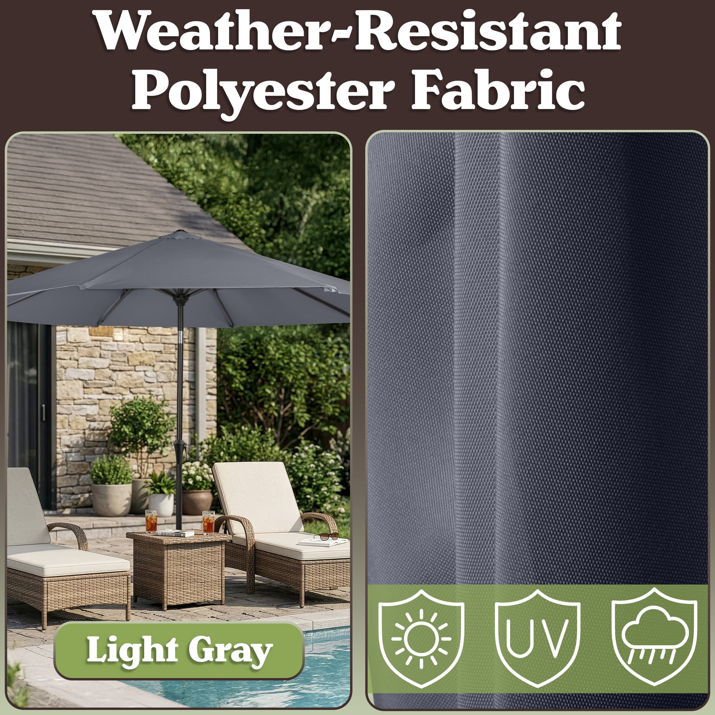 Villacera 9FT Outdoor Patio Umbrella Shade with Auto Tilt, Gray