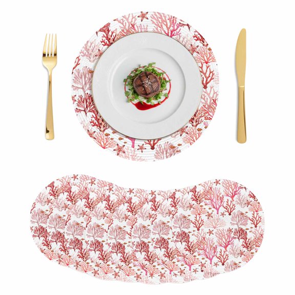Nautical Coastal Round 13 Inch Placemats Set of 8, Summer Sea Coral Starfish Underwater Red HeatResistant Non Slip Place Mats for Dining Table, Wipeable Braided Kitchen Table Mats for Housewarming