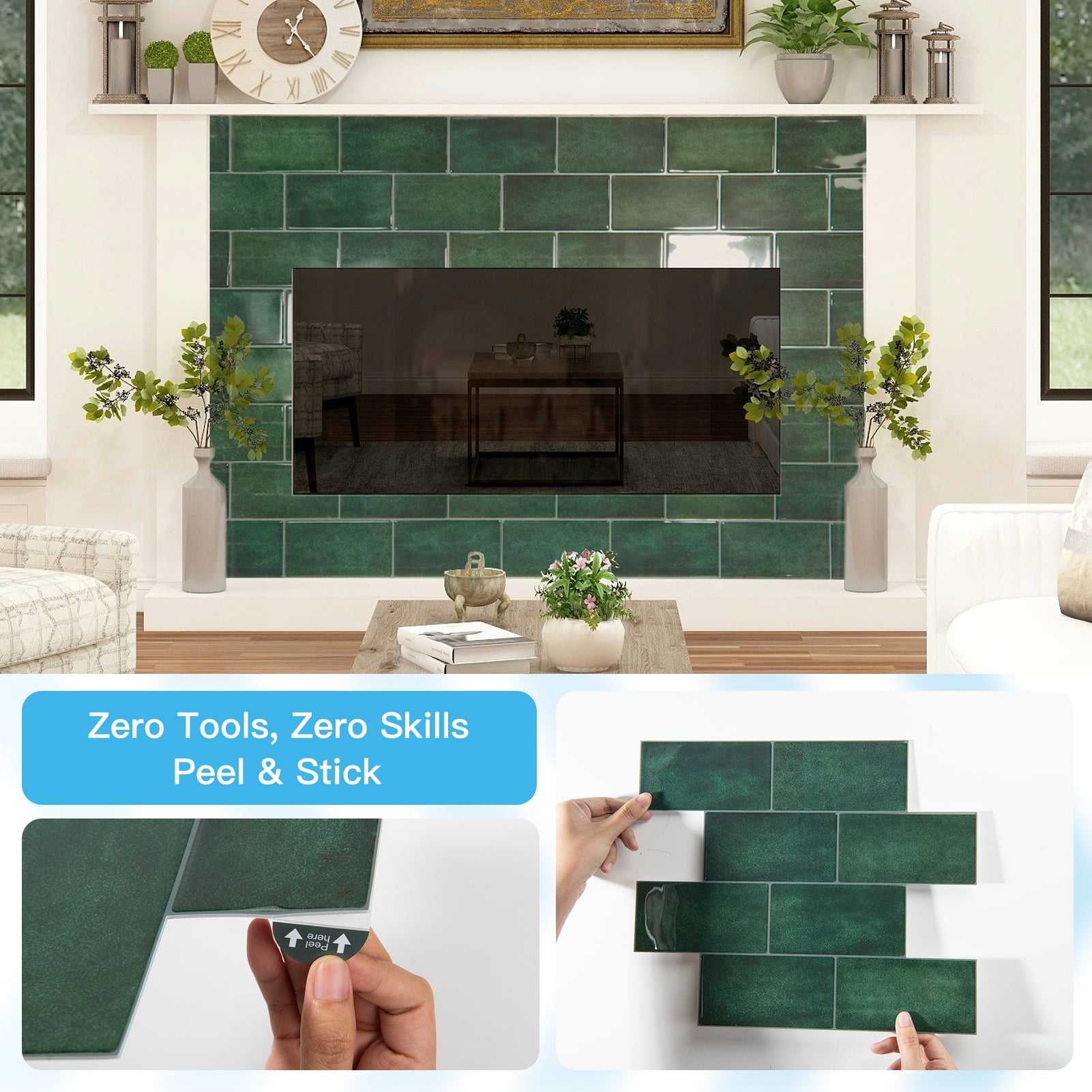 10PCS 10.6''x12.6'' Peel and Stick Backsplash in Green,Heavy-Duty Self-adhesive Subway Tile for Kitchen Bathroom