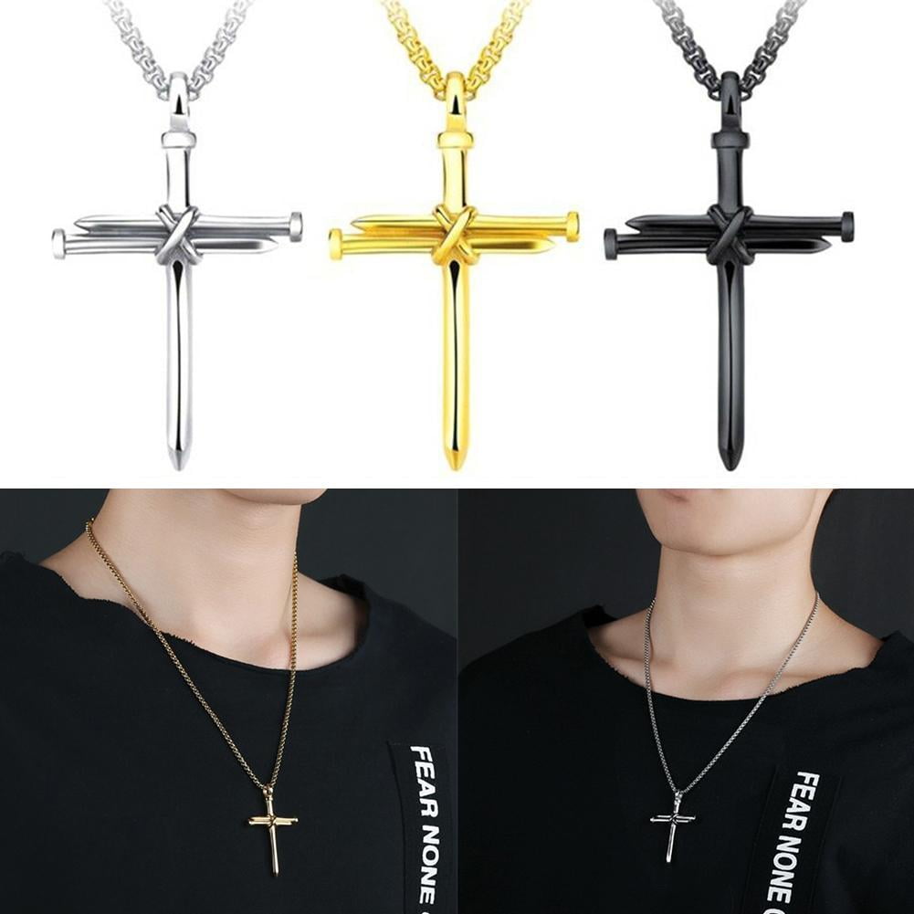 Fashion Stainless Steel Nail Rope Cross Pendant Necklace Jewelry For Men Present N2C9