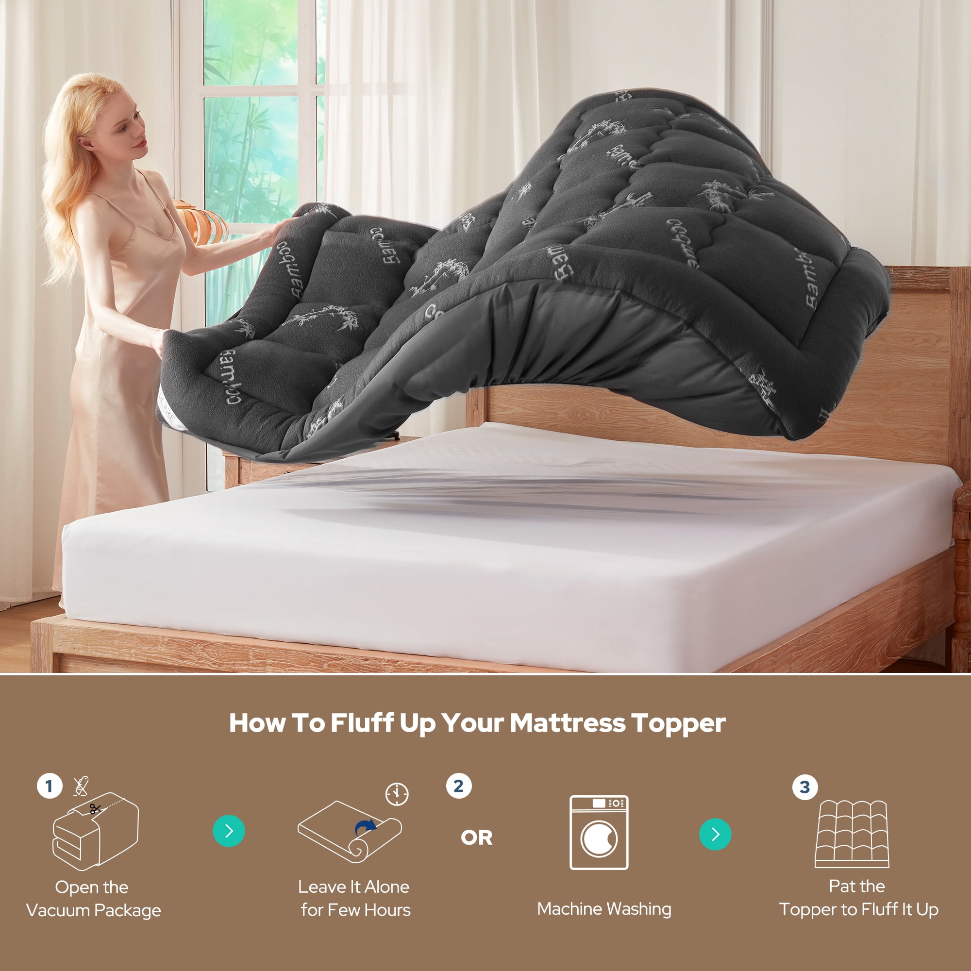 BEDLORE Full Mattress Topper, Bamboo Pillow Top Pad for Back Pain Relief, Thick Soft Mattress Cover with Deep Pockets 6-15 inch(Grey)