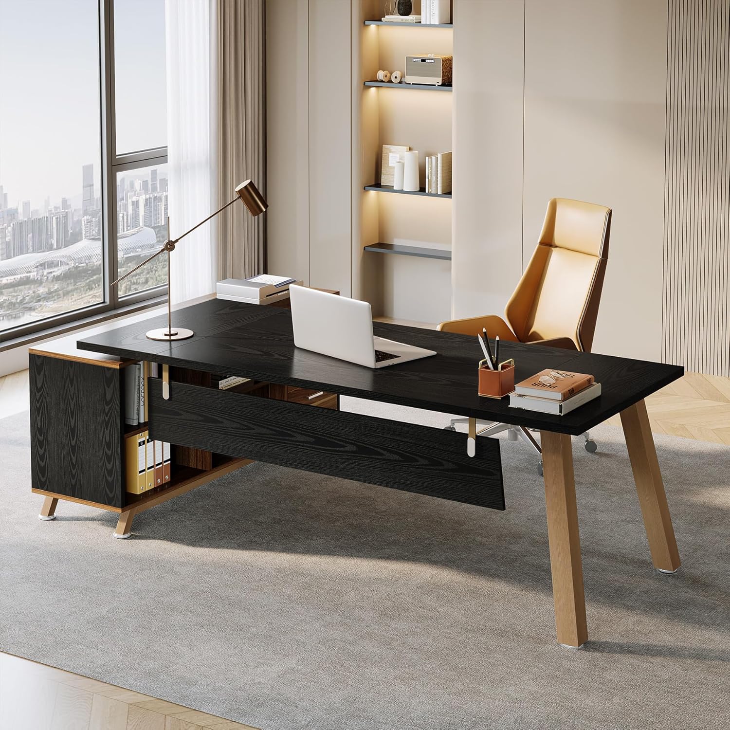 Tribesigns Large L-Shaped Desk, Modern Executive Office Desk with Drawers, 78.7 Inch Computer Desk with Cabinet for Home Office,Black & Walnut