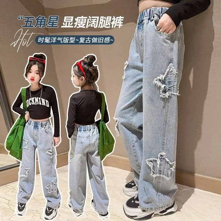 Spring Autumn Teenager Girls Denim Wide Leg Pants Children Trousers New Fashion Star Pattern Girls Jeans 5 14 Years Kids Clothes Walmart