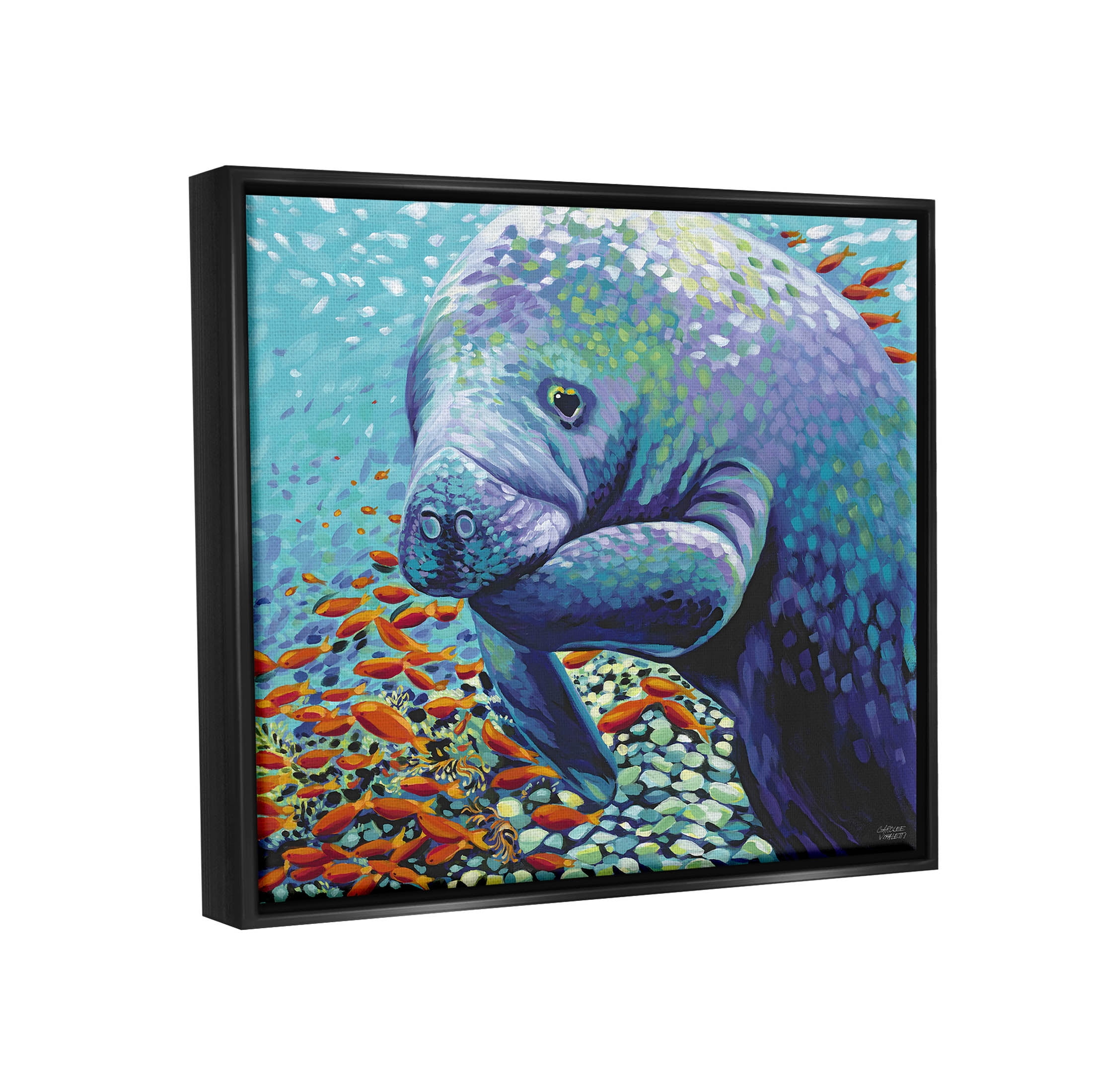 Stupell Industries Underwater Manatee Impressionist Painting Jet Black Floating Framed Canvas Print Wall Art, Design by Carolee Vitaletti